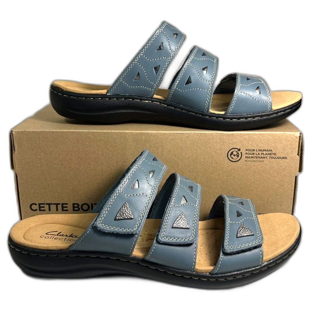 Clark's Women's Laurieann Nora Blue Leather Slides Adj. Strap 12W NEW